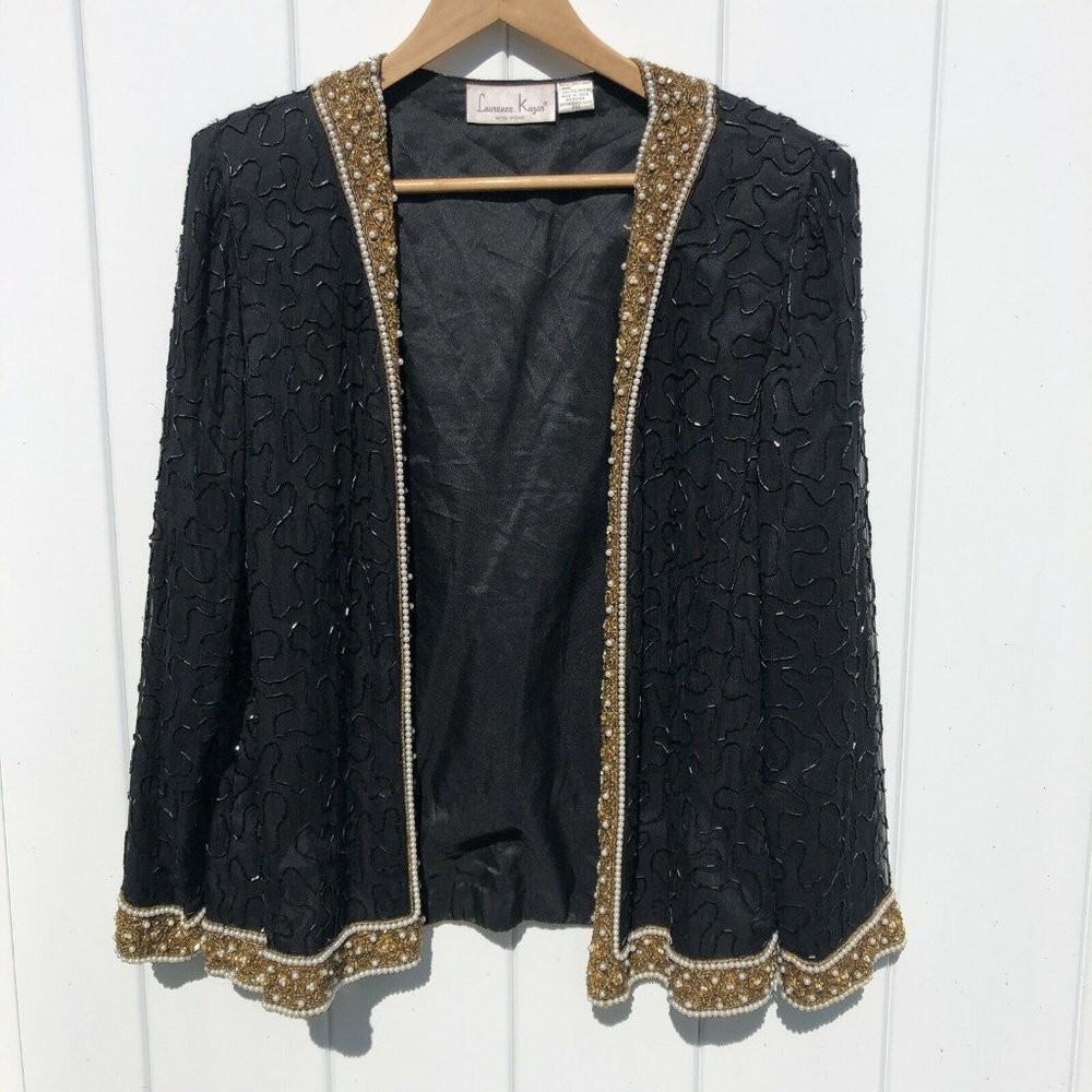 Vintage Laurence Kazar Black Silk Beaded Jacket Women's PM Petite Medium